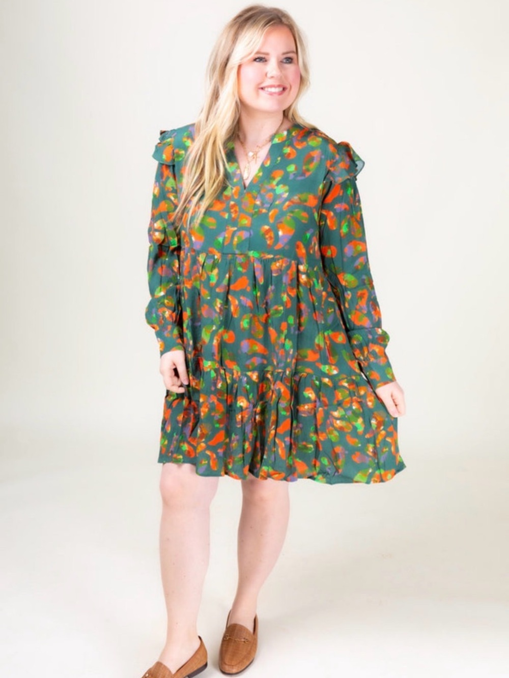 Easel Green Printed Ruffle-Trim Shift Dress - Women's